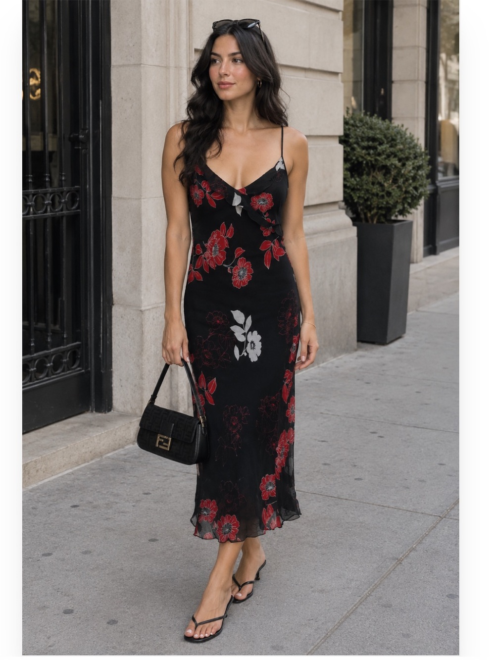 Vintage Midi Slip Dress with Red Floral Print by Tristan & Iseut